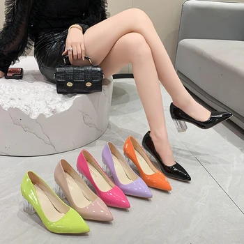Разноцветные туфли-лодочки, Женская обувь на Высоком Каблуке 8 см с Острым Носком, Модные Женские Туфли из лакированной кожи на массивном высоком Каблуке, Большие Размеры 41, 42, 43