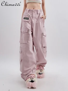 Розовые брюки-карго для уличной одежды женщин 2023, Весна и осень, Новые модные брендовые прямые повседневные брюки с карманом