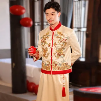 Свадебное платье для жениха в традиционном китайском стиле, винтажное мужское свадебное платье с вышивкой дракона, костюм Тан китайская одежда
