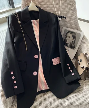 Стильный черный Однобортный Блейзер для женской одежды 2023, Весенне-осенний Повседневный костюм, Пальто, Женские Блейзеры, топы BC213