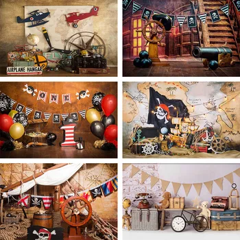 Фоны для 1-го Дня Рождения Мальчика-пирата, Разбитый торт, Воздушные шары в Ангаре для самолетов, Фон для фотосъемки пилота, Реквизит для фотостудии, фотофон