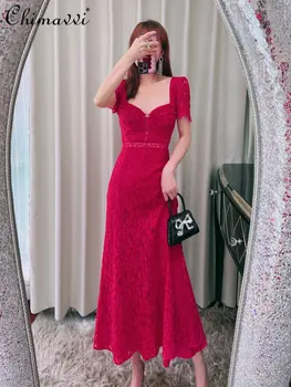 Французский стиль, Приталенная Талия, Темперамент, Сексуальное Облегающее Красное Кружевное Платье 2023, Летнее Женское Длинное платье с коротким рукавом, Вечернее платье