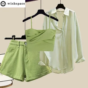 Шифоновая рубашка с солнцезащитным кремом, Джинсовые шорты, Комплект элегантных женских брюк из трех предметов, летняя одежда с перекрещенным нагрудным ремнем и длинным рукавом